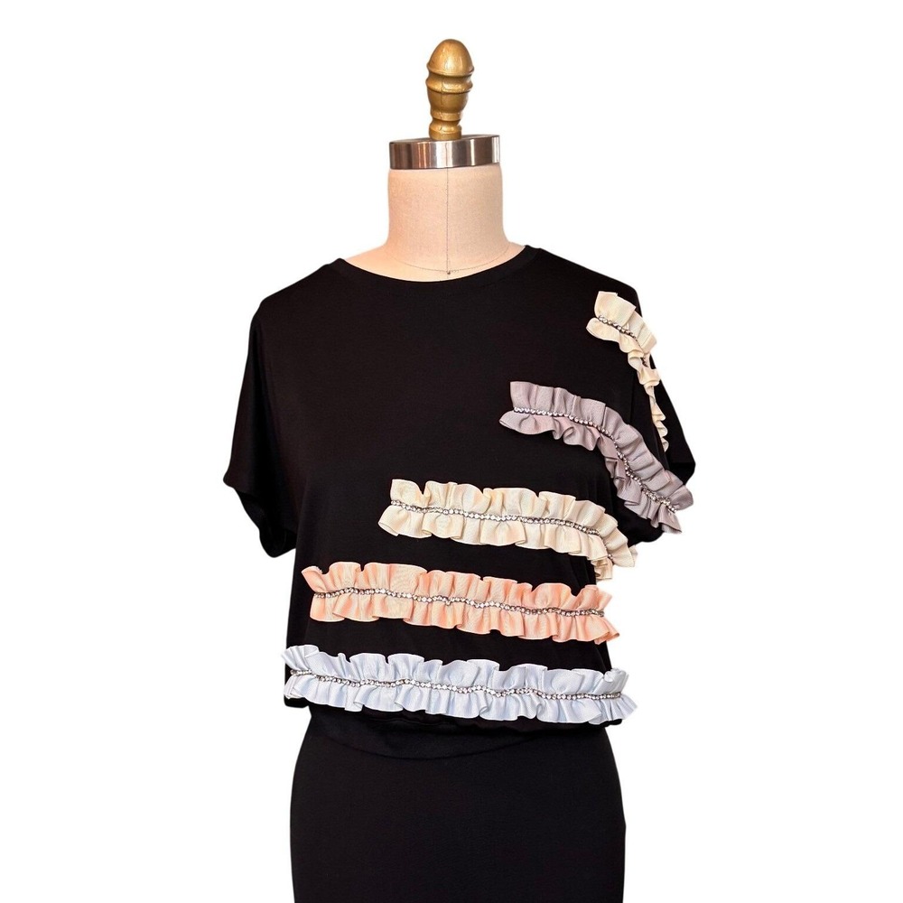 Ruffle Crystal Dolce & Gabbana Short Sleeve Top Embellished L Black Vintage Y2K